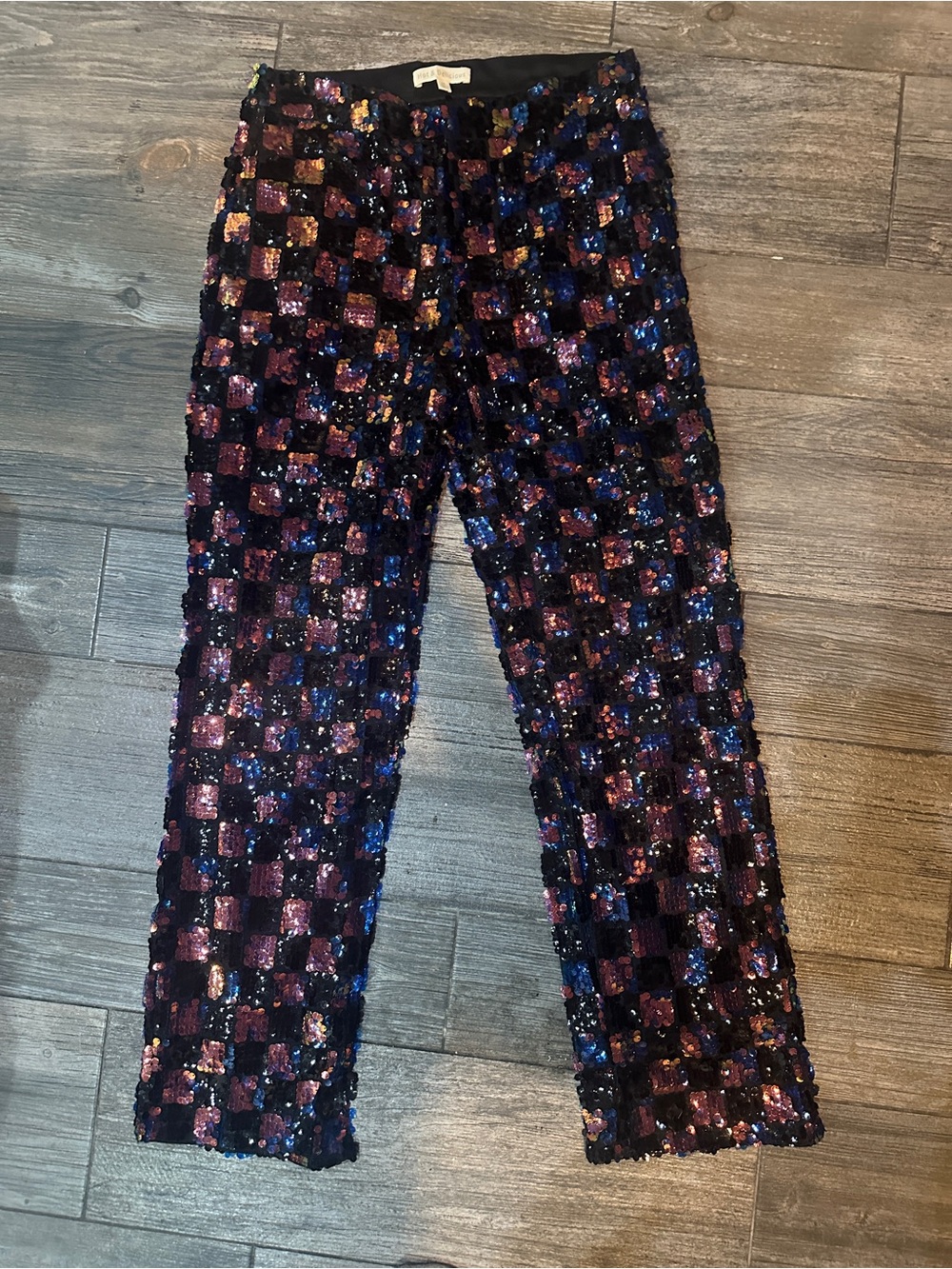 Hot & Delicious Girls' Sequin Checkered Pants - Black with Purple & Blue Accents